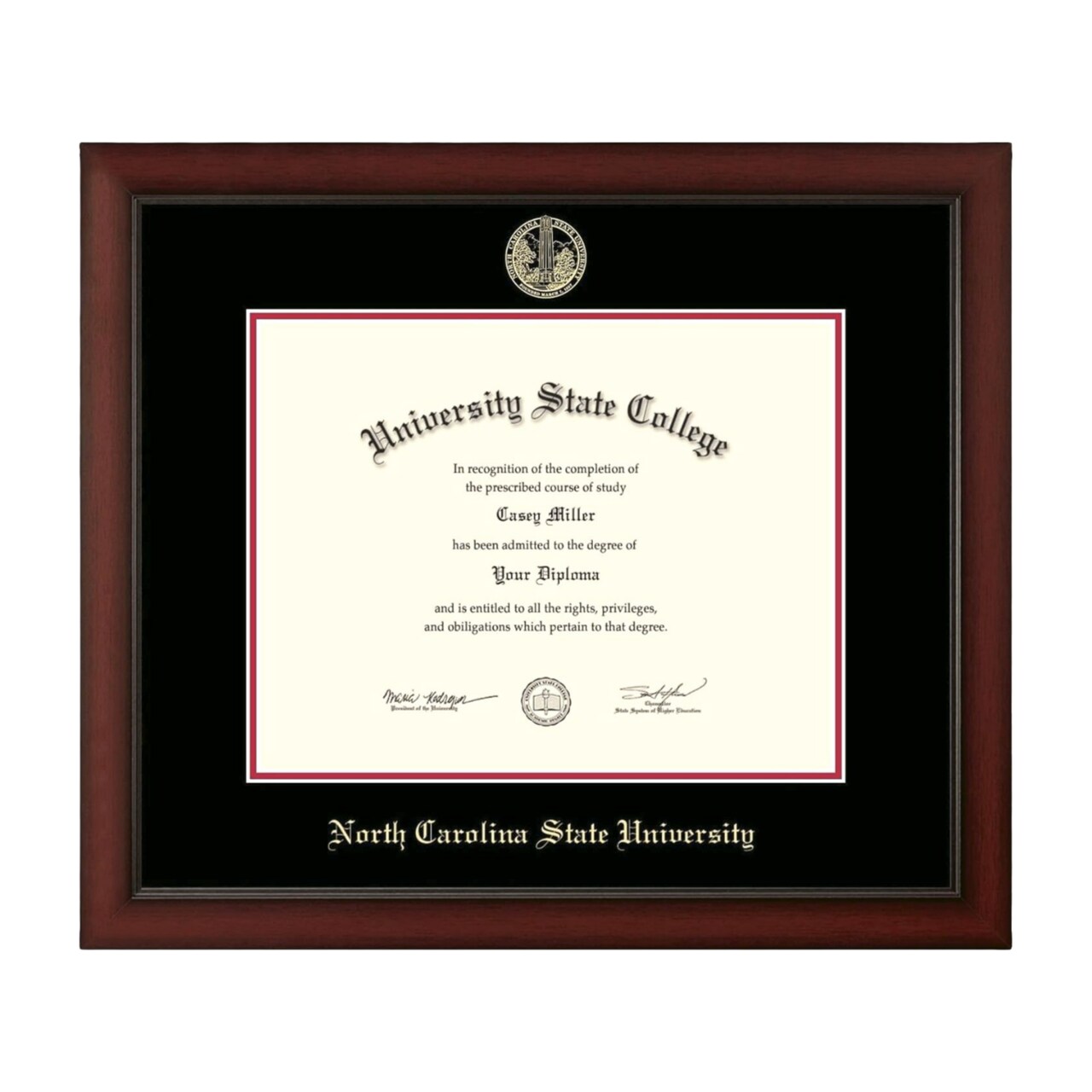 Framerly - North Carolina State University 14"w x 11"h Diploma Frame - Fits a bachelor's, master's and phd - Gold Embossed Diploma Frame - Cherry Moulding with Black and Red Matting